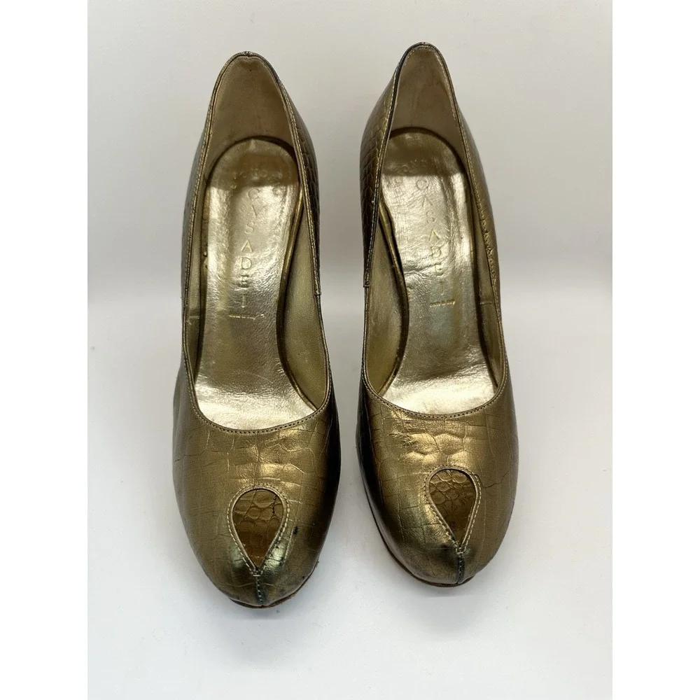 Casadei Made In Italy Croc Embossed Gold Leather Peep‎ toe Pumps 7